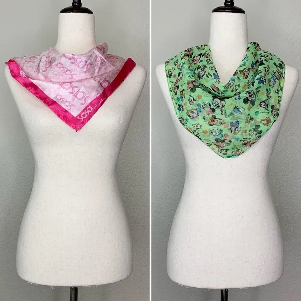 BUNDLE (2) Disney Mickey Minnie & Sasa Malaysia Pink Silk Square Bandana/Scarf